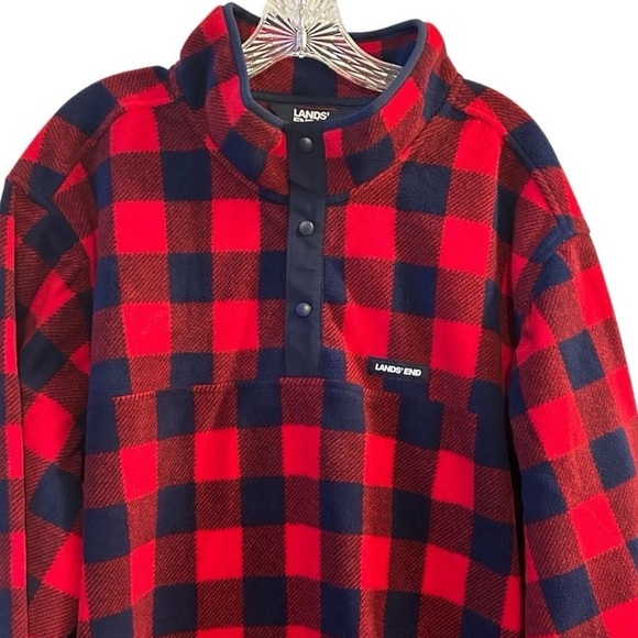 Lands' End Men's 3XL Red Buffalo Plaid Fleece Snap Neck Pullover Sweater - Picture 2 of 16